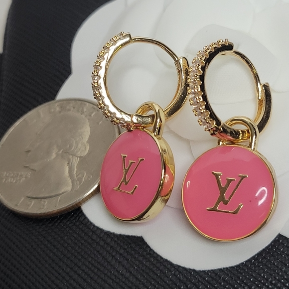 Pink/Gold Double Sided Louis Vuitton Zip Pull, Custom Made Earings - Picture 2 of 4